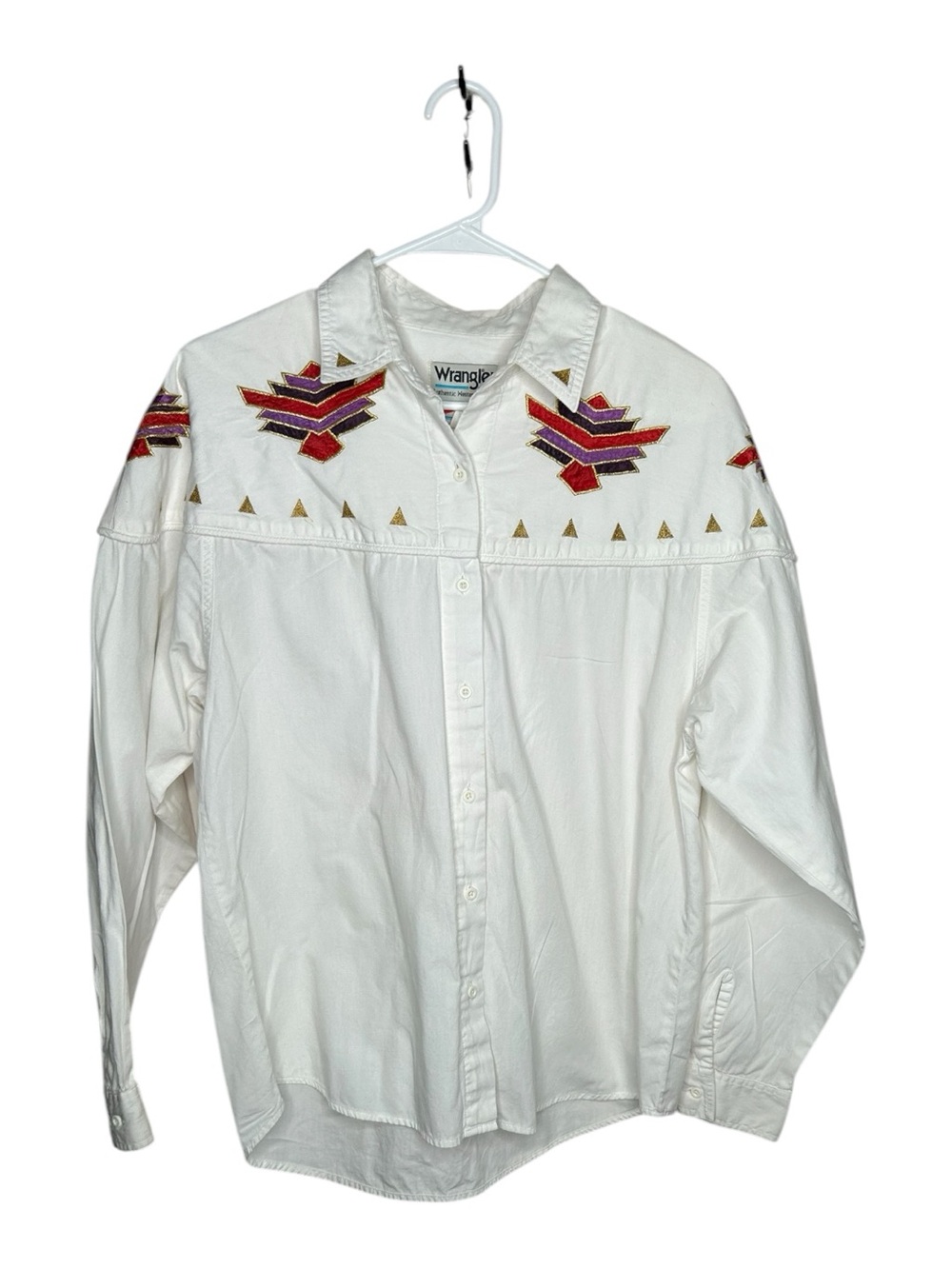 Vtg Wrangler White Western Shirt Jacket with Red & Purple Embroidery size L